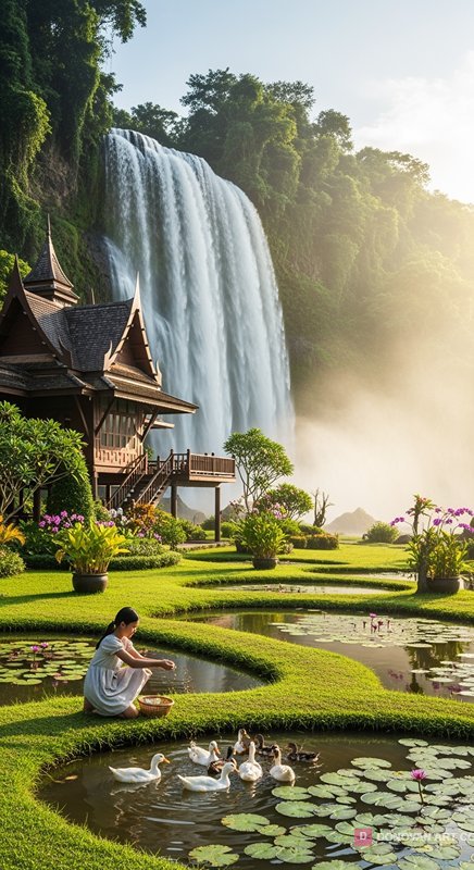 น้ำตกสวยงามและบ้านไทยในธรรมชาติ