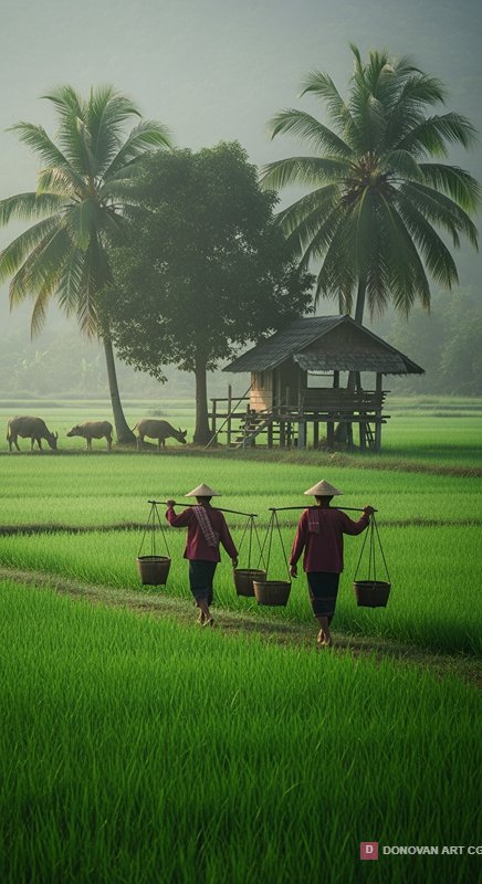 ชาวนาในทุ่งนาสีเขียวสดใส