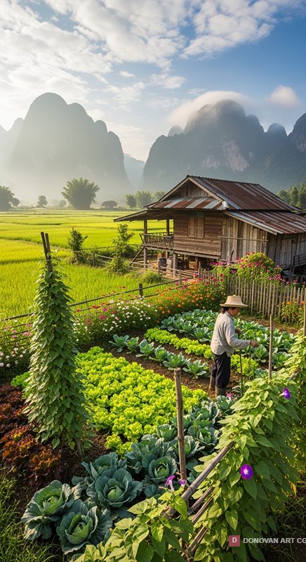 ทุ่งนาสวยงามและสวนผักในชนบท