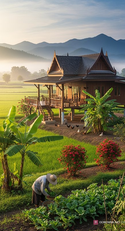 บ้านไม้ไทยในทุ่งนาเขียวขจี