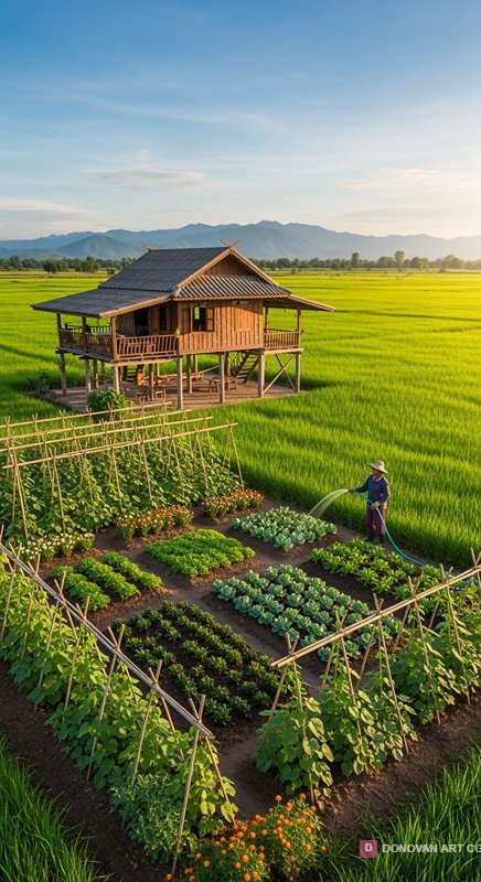 บ้านสวนกลางทุ่งนาและสวนผัก