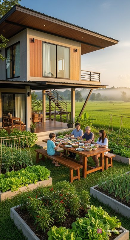 บ้านสวนสวยพร้อมครอบครัวในธรรมชาติ