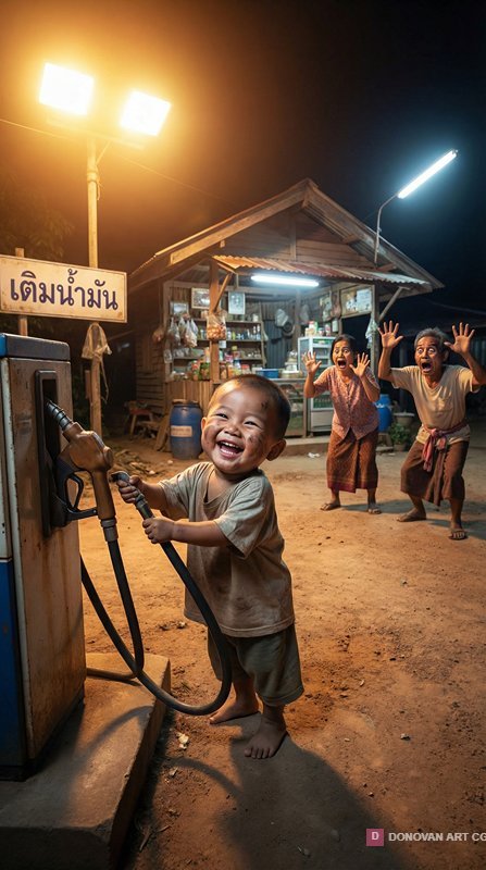 เด็กน้อยยิ้มแย้มที่ปั๊มน้ำมันกลางคืน