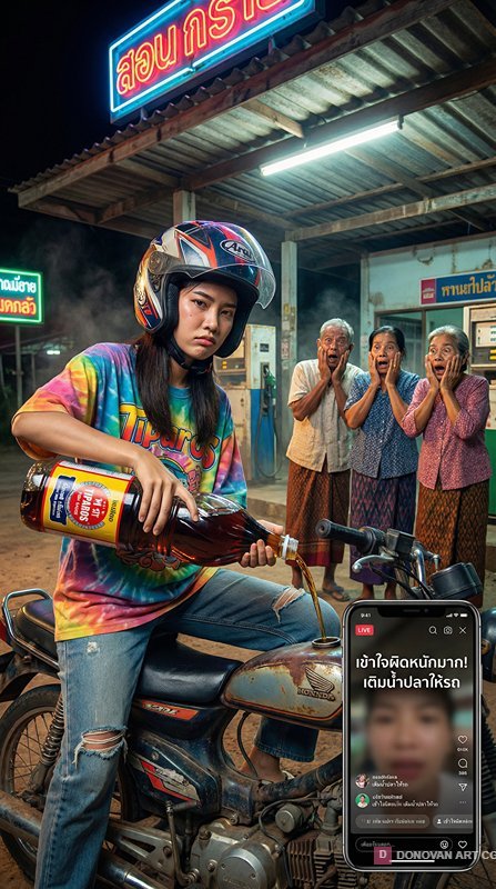 สาววัยรุ่นขี่มอเตอร์ไซค์กับน้ำอัดลม