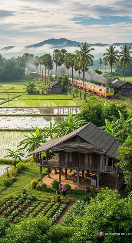 วิวทุ่งนาสวยงามพร้อมรถไฟ