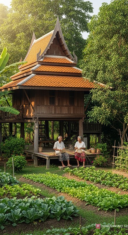 บ้านไม้ไทยในสวนผักสวยงาม