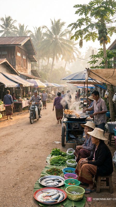 ตลาดเช้าบรรยากาศสดชื่นในชนบทไทย