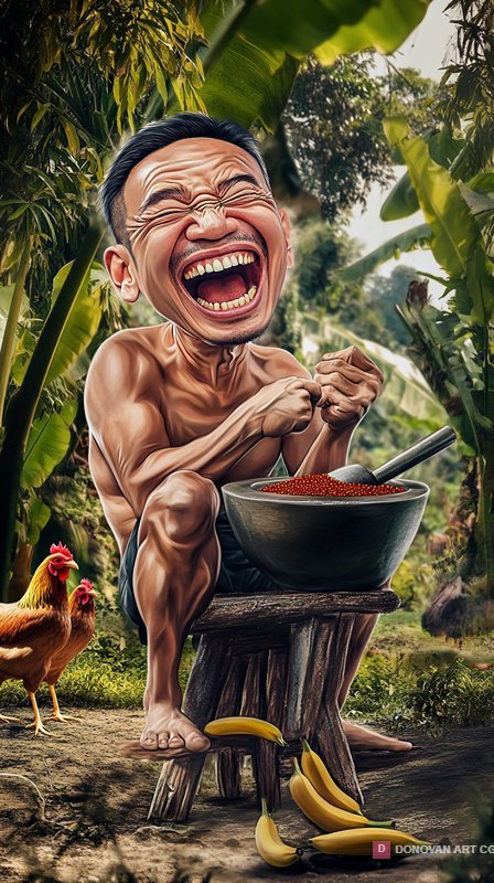 ชายหัวเราะในสวนกับไก่และกล้วย