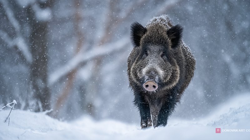 หมูป่าในฤดูหนาวท่ามกลางหิมะ