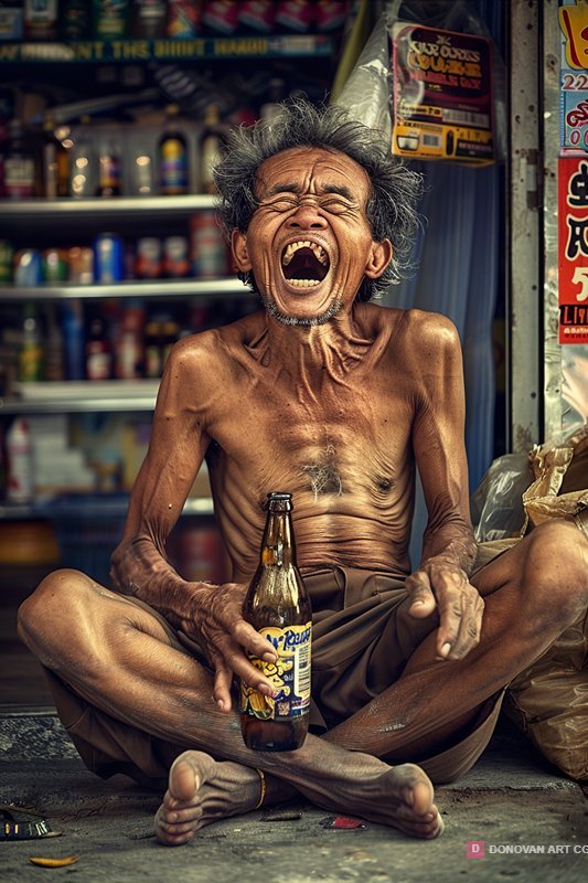 ชายแก่หัวเราะในตลาด