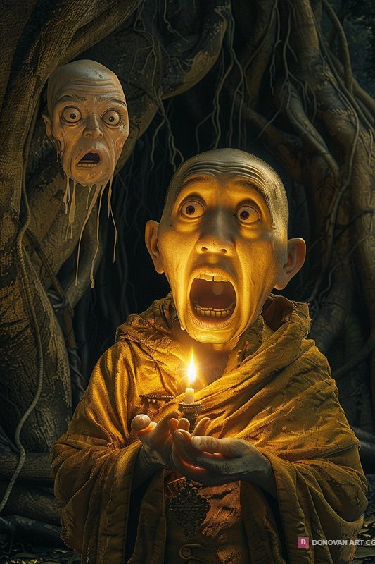 พระสงฆ์ถือเทียนในป่าอันน่าหวาดหวั่น